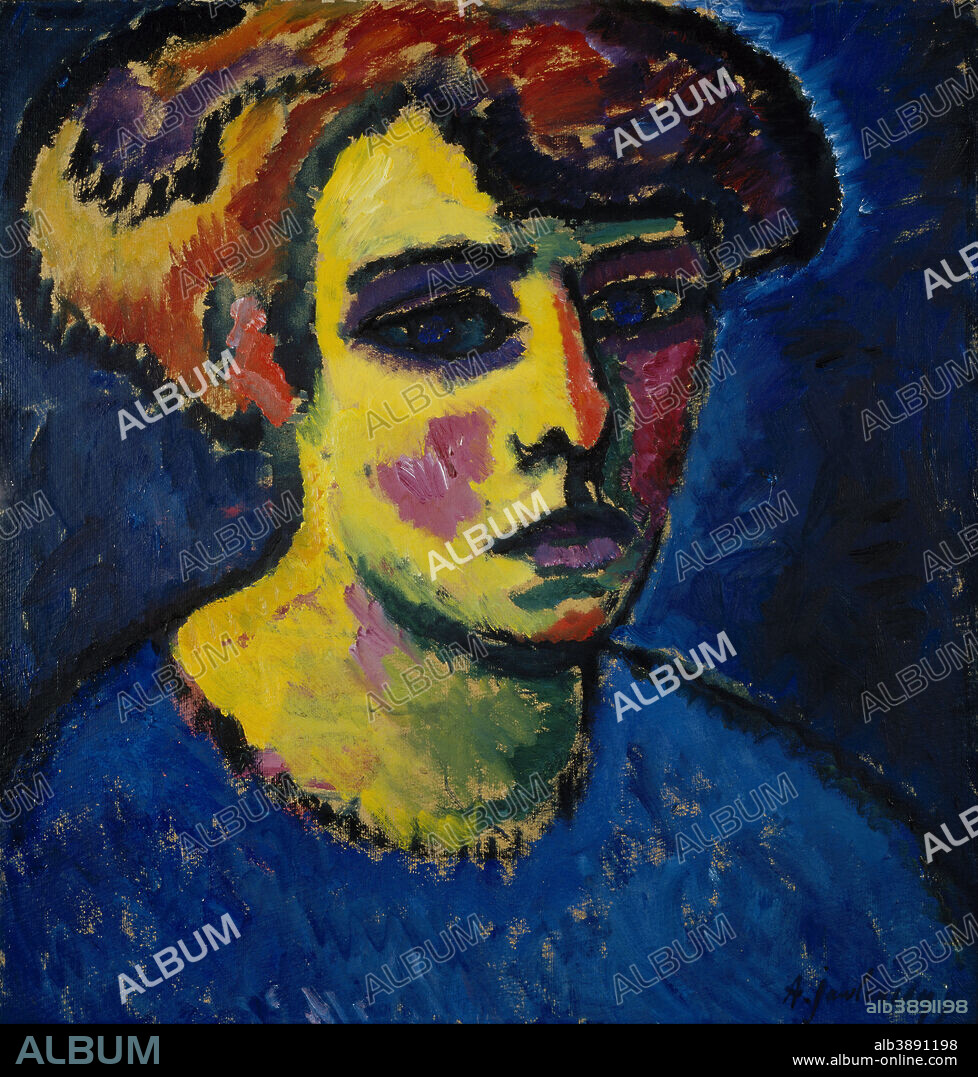 ALEXEJ VON JAWLENSKY. Frauenkopf Head of a Woman. Date/Period: 1911. Painting. Oil on millboard laid on plywood. Height: 522 mm (20.55 in); Width: 502 mm (19.76 in).