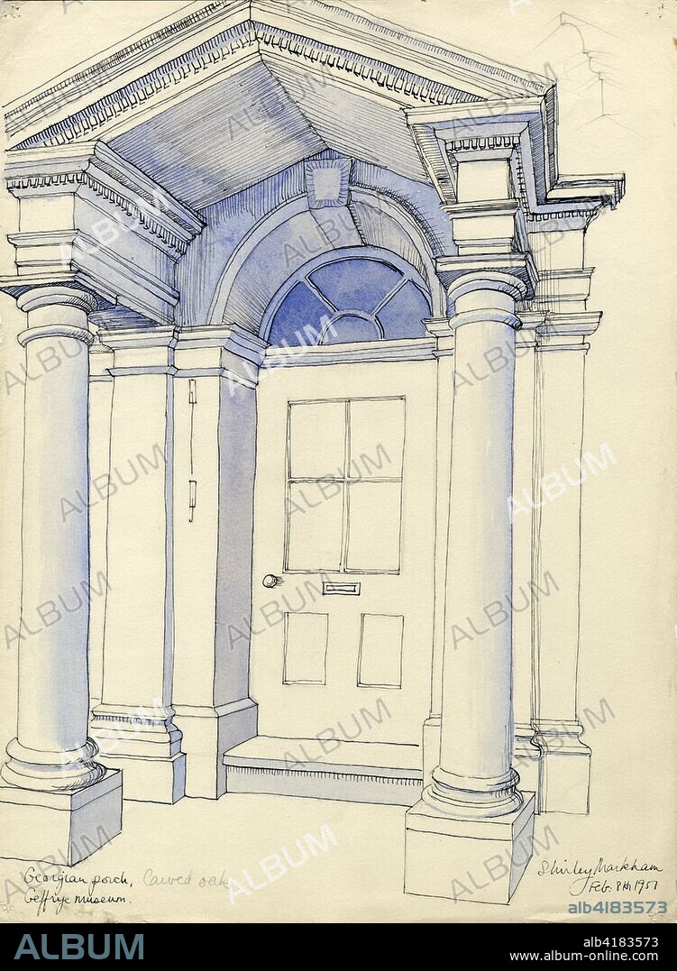 'Georgian porch', 1951. Georgian porch made of carved oak, in the Geffrye Museum in London. Shirley Markham (1931-1999) studied Graphic Design and Illustration at Central School of Art in London from 1950-1952. The writer, artist, poet, and illustrator Mervyn Peake (1911-1968) was one of her tutors, and her style of drawing was also influenced by other British illustrators such as Edward Ardizzone, Quentin Blake and Edward Bawden. Markham spent time in the Dolomite Mountains in Italy, and also visited Rome, sketching classical buildings. After graduating from Central, she worked as a graphic designer, producing book illustrations, cartoons for comics, menus and programmes. She gave up her promising career however when she got married in 1957. Middle-class women at that time were expected to devote their energies to bringing up children and running the home, and despite her obvious talent, she lacked the confidence to return to illustration. Her portfolio remained in the family attic for many years, but now her work is published here for the first time.
