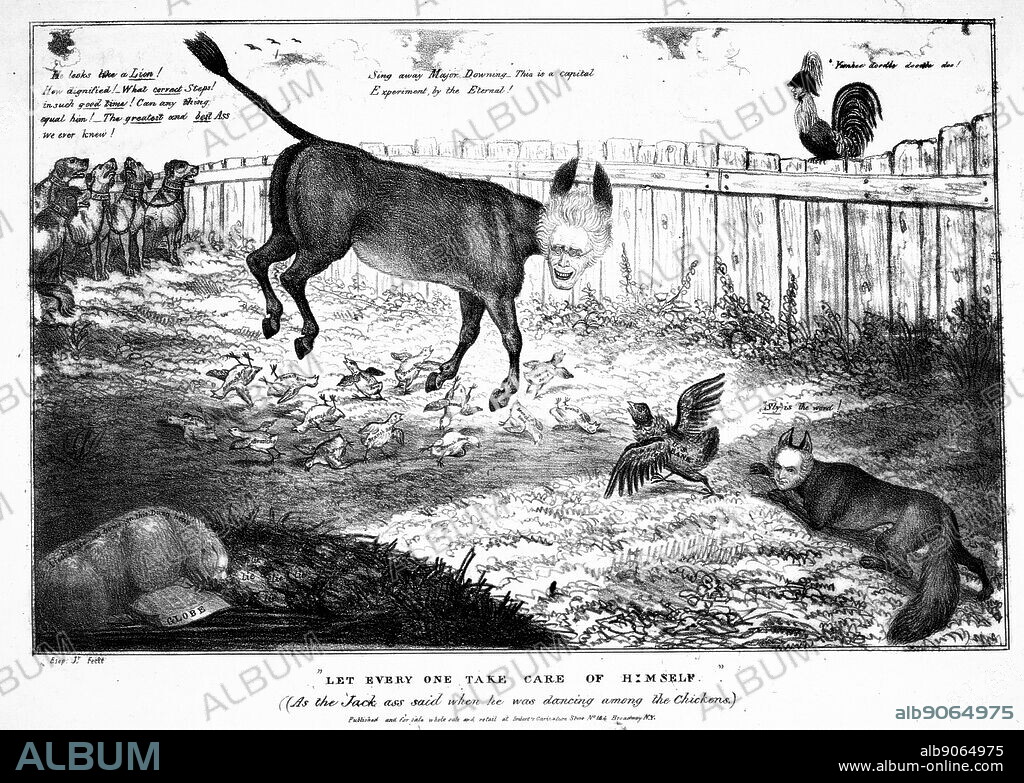 Let every one take care of himself (As the Jack ass said when he was dancing among the chickens) by Anthony Imbert, circa 1833. Lithograph print on wove paper Political cartoon satirising Andrew Jackson's plan to redistribute treasury funds from the US Bank to state banks. Jackson is represented as a jack-ass "dancing among the Chickens" (who represent the branch banks). Looking on are Vice President Martin Van Buren as a fox, and Jack Downing is a cock.