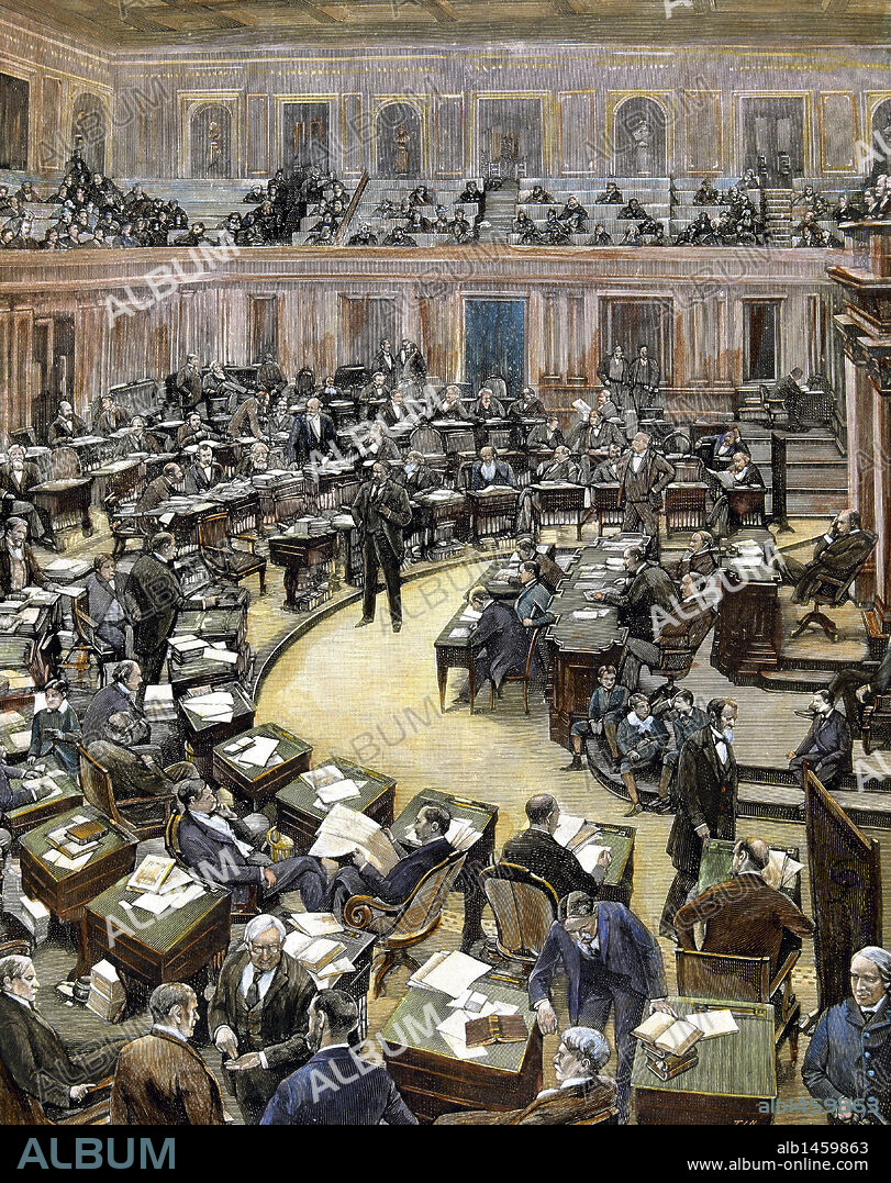 HISTORIA DE LOS ESTADOS UNIDOS. "SESION DEL SENADO EN WASHINGTON" (1896). Grabado coloreado. La Ilustración Española y Americana.