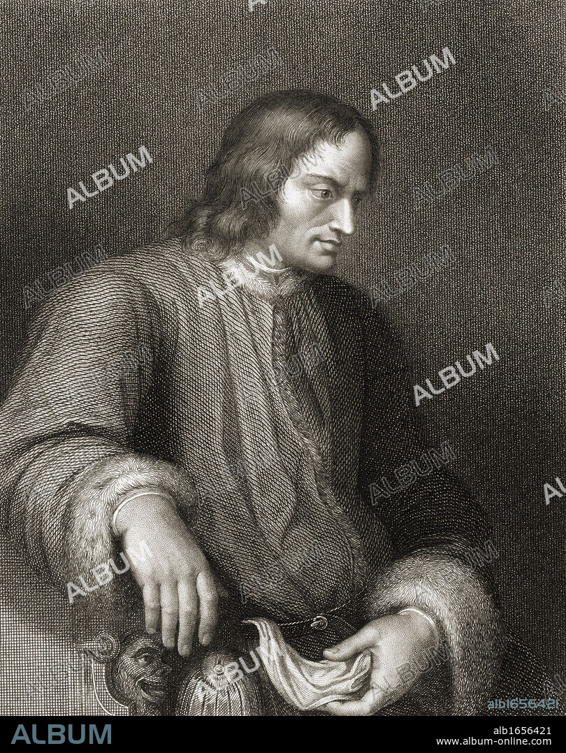 Lorenzo de Medici aka, Lorenzo the Magnificent,1449-1492. Florentine statesman, ruler and patron of arts. From the book 'Gallery of Portraits' published London 1833.