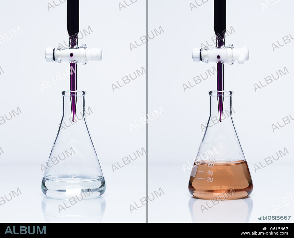 Titration of Fe(II) solution with potassium permanganate. In this reaction pale green Fe2+ ion is oxidized to yellow Fe3+ while purple permanganate MnO4- is reduced to colorless Mn2+ ion: Fe2+ + MnO4- + H+ -> Fe3+ + Mn2+ + H2O. The Erlenmeyer flask contains Fe2+ solution (iron(II) ammonium sulfate, Fe(NH4)2(SO4)2) of unknown concentration, acidified with sulfuric acid (H2SO4). Burette above it contains 0.01M solution of potassium permanganate (KMnO4), left frame 1. Potassium permanganate is gradually added from the burette to the flask until the solution turns pink, right frame. At that point the volume of potassium permanganate used is recorded and the concentration of Fe2+ ions in the initial solution is calculated.