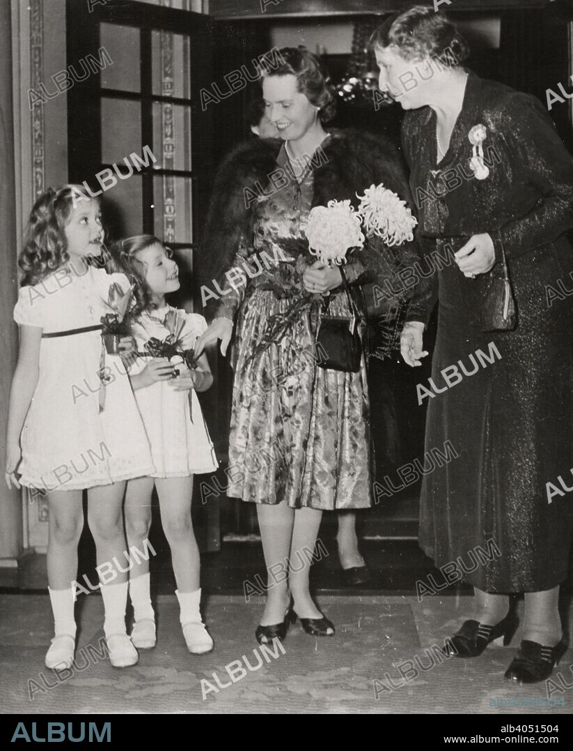 Swedish princesses visiting the Christmas concert at Stockholm Concert Hall, 1943. Princess Sibylla (1908-1972), wife of Prince Gustaf Adolf, Duke of Västerbotten, with two of their daughters, Princess Birgitta (1937-) and Princess Desiree (1938-).