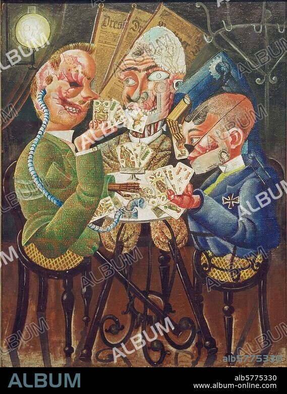 OTTO DIX. Dix, Otto; 1891-1969. "Die Skatspieler - Kartenspielende Krüppel" (Skat Players - Card-playing War Cripples), 1920. Oil and collage on canvas, 110 × 87cm. Joint property of the Verein der Freunde der Nationalgalerie (Friends of the National Gallery) and of the Staatliche Museen zu Berlin, Berlin, SMB, Nationalgalerie.