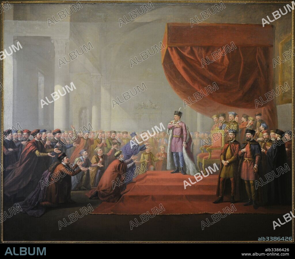 "Esteban Bathory I inagurando la Universidad de Vilnius", obra del pintor polaco-lituano Wincenty Smokowski (1797-1876). El rey de Polonia y Gran Duque de Lituania Esteban Bathory I (1553-1586) inagurando la universidad más antigua de Europa Oriental, la Universidad de la ciudad de Vilnius, en 1579. Vilnius Picture Gallery. Vilnius. Lituania.