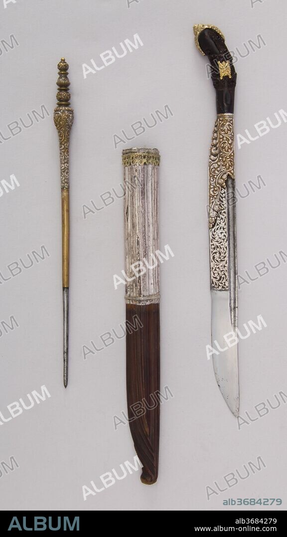 Dagger (Piha Kaetta) with Stylus and Sheath. Culture: Sri Lankan. Dimensions: Dagger (a); L. with sheath 11 1/2 in. (29.2 cm); L. without sheath 11 in. (27.9 cm);  L. of blade 6 3/4 in. (17.1 cm); W. 13/16 in. (2.1 cm); D. 9/16 in. (1.4 cm); Wt. 4 oz. (113.4 g); Wt. of sheath 1.4 oz. (39.7 g); skewer (b); L. 9 1/4 in. (23.5 cm); W. 9/16 in. (1.4 cm); D. 9/16 in. (1.4 cm); Wt. 2.1 oz. (59.5 g). Date: 17th century.