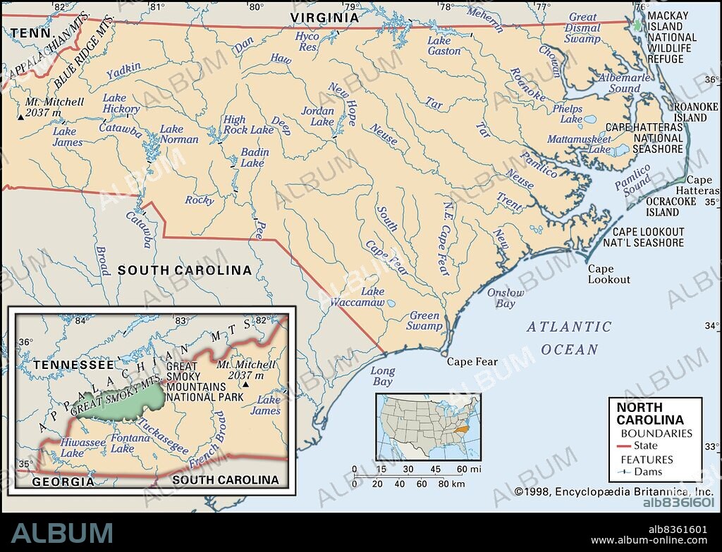 Physical map of North Carolina.