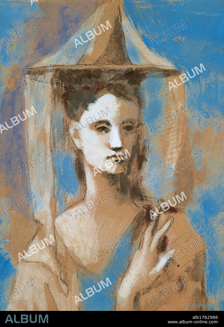 The Spanish Woman from Mallorca, by Pablo Picasso, 1905, 20th Century, gouache and watercolor on board, cm 67 x 51. Russia, Moscow, Pushkin Museum. Detail. Woman hat veil mantle portrait beige azure light blue.  Please remember that author's rights have to be cleared for modern and contemporary works of arts.