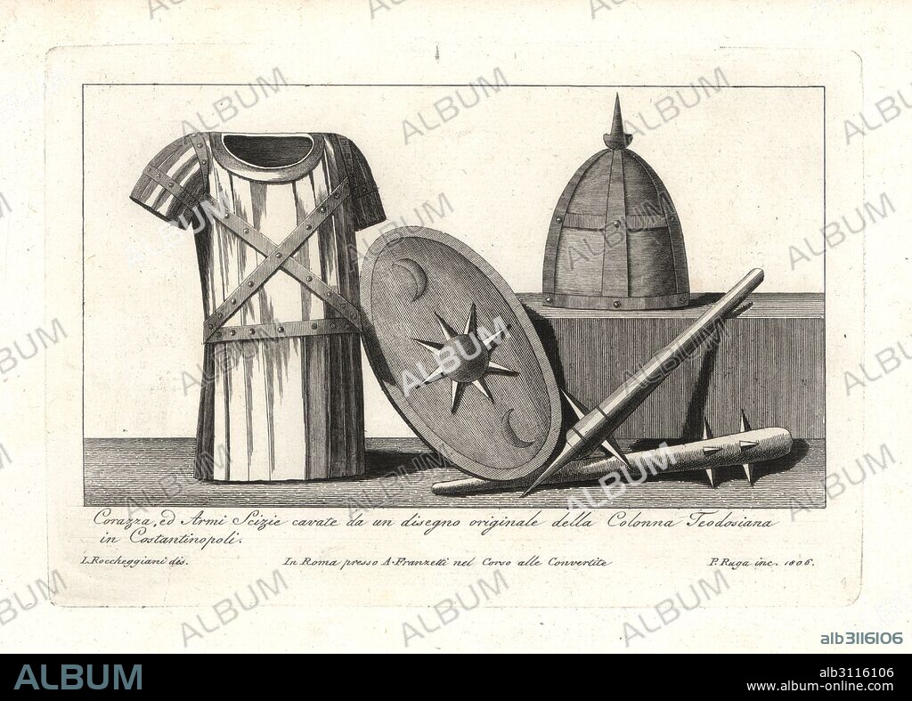 Scythian breastplate, shield, helmet and maces from the Column of Theodosius in Constantinople (Istanbul). Copperplate engraving by Pietro Ruga after an illustration by Lorenzo Rocceggiani from his own 100 Plates of Costumes Religious, Civil and Military of the Ancient Egyptians, Etruscans, Greeks and Romans, Franzetti, Rome, 1802.