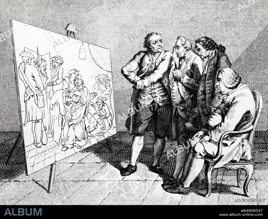 Four humours/qualities. Fiery and choleric (left), airey and sanguine (second left), moist and melancholic (second right), earthy and phlegmatic (right). Connoiseurs looking at Chodowiecki's painting of 'Calas's Farewell to his Wife'. Engraving by Reynolds Grignion (d. 1787). From JC Lavater Essays in Physiognomy, London, 1789-98. Translated by Henry Hunter, Physcopathology: Hippocrates (f1 ca. 400 BC) thought behaviours and temperament due to balance or imbalance of the four humours in the body.