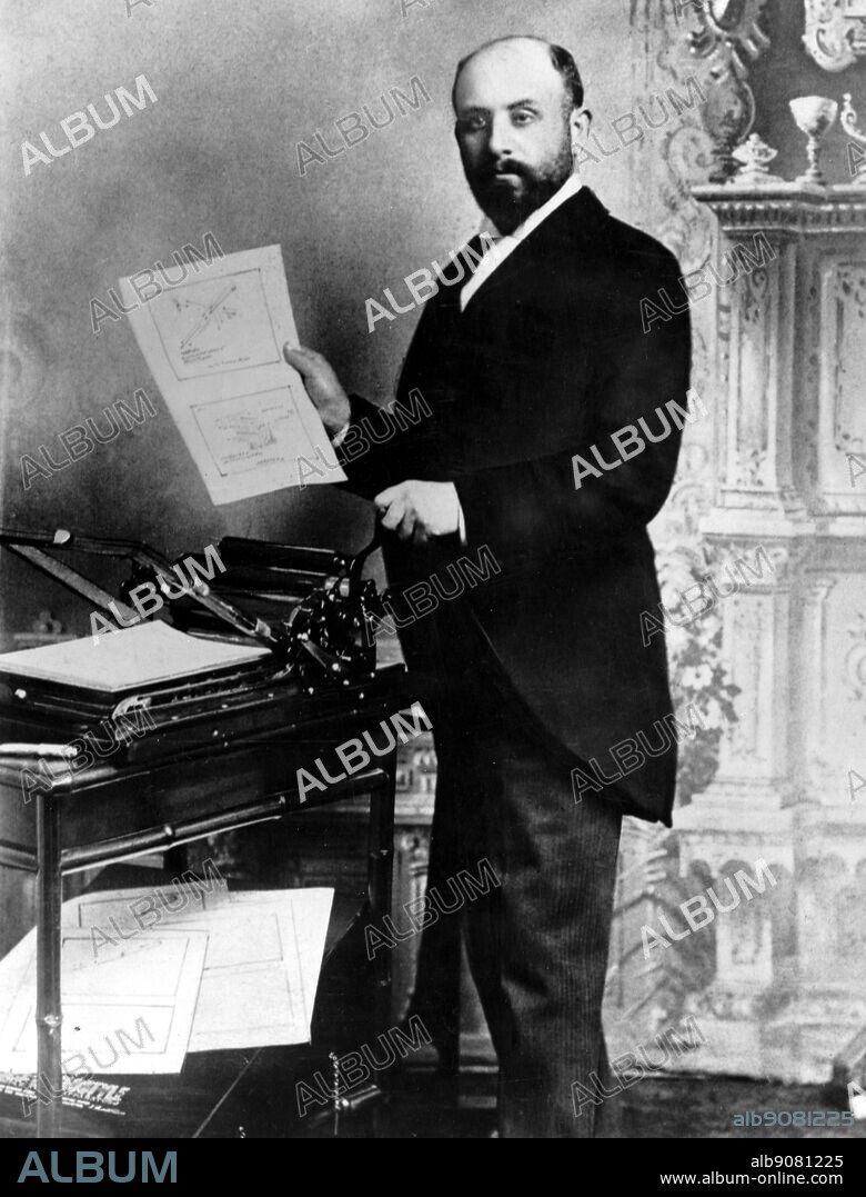 David Gestetner (1854-1939), founder of the Gestetner Company, demonstrating the automatic version of his original invention in 1893. Born in Austria-Hungary, Gestetner was the inventor of the stencil duplicator, the first piece of office equipment that allowed businessmen to make numerous copies of office documents quickly and inexpensively.