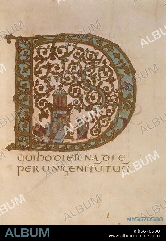 ANONYM. Buchmalerei, Lothringen (Metz), zwischen 850 und 855. Initiale "D" (Beginn der Messe zum Ostersonntag) mit biblischer Szene (Die drei Frauen am Grabe). Aus dem Drogo-Sakramentar, Auf Pergament, 26,5 × 14,5 cm. Ms. latin 9428, fol. 58 r, Paris, Bibliothèque Nationale.