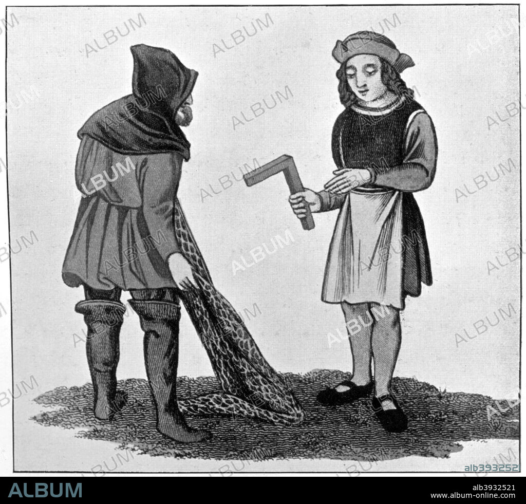 Carpenter and fisherman, 15th century, (1910). Ordinary dress of working people from the Transition Period - Henry VI-Edward IV. Illustration from British Costume during 19 Centuries by Mrs Charles H Ashdown, (London, 1910).