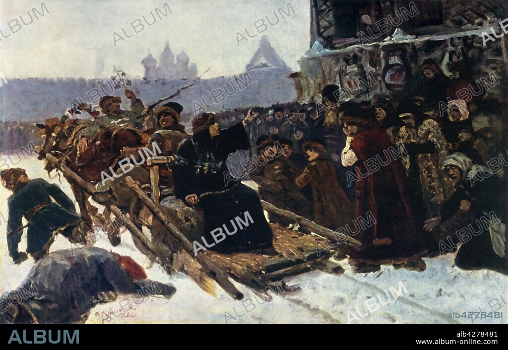 VASILY SURIKOV. 'The Boyar Morozova (a study)', 1881, (1965). Sketch for 'Boyarynya Morozova', a painting of 1887, depicting Feodosia's arrest by the Nikonians in 1671. Feodosia Morozova (1632-1675) was one of the leading figures of the Old Believer movement that split from the Russian Orthodox Church after 1666-1667 in protest at religious reforms instigated by Patriarch Nikon. She was arrested and imprisoned, along with her sister, Princess Evdokia Urusova, in the cellar of the St Paphnutius Monastery in Borovsk. Feodosia starved to death there in 1675 and was venerated as a martyr by the Old Believers. Painting in the State Tretyakov Gallery, Moscow. From "Russian Painting of the 18th and 19th Centuries" by Vladimir Fiala. [Artia, Czechoslovakia, 1965].