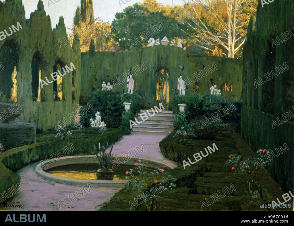 SANTIAGO RUSIÑOL. RUSIÑOL , SANTIAGO. PINTOR ESPAÑOL . BARCELONA 18961 - 1931. " JARDINES DE MONFORTE . VALENCIA " , AÑO 1904. COLECCION ARGENTARIA.