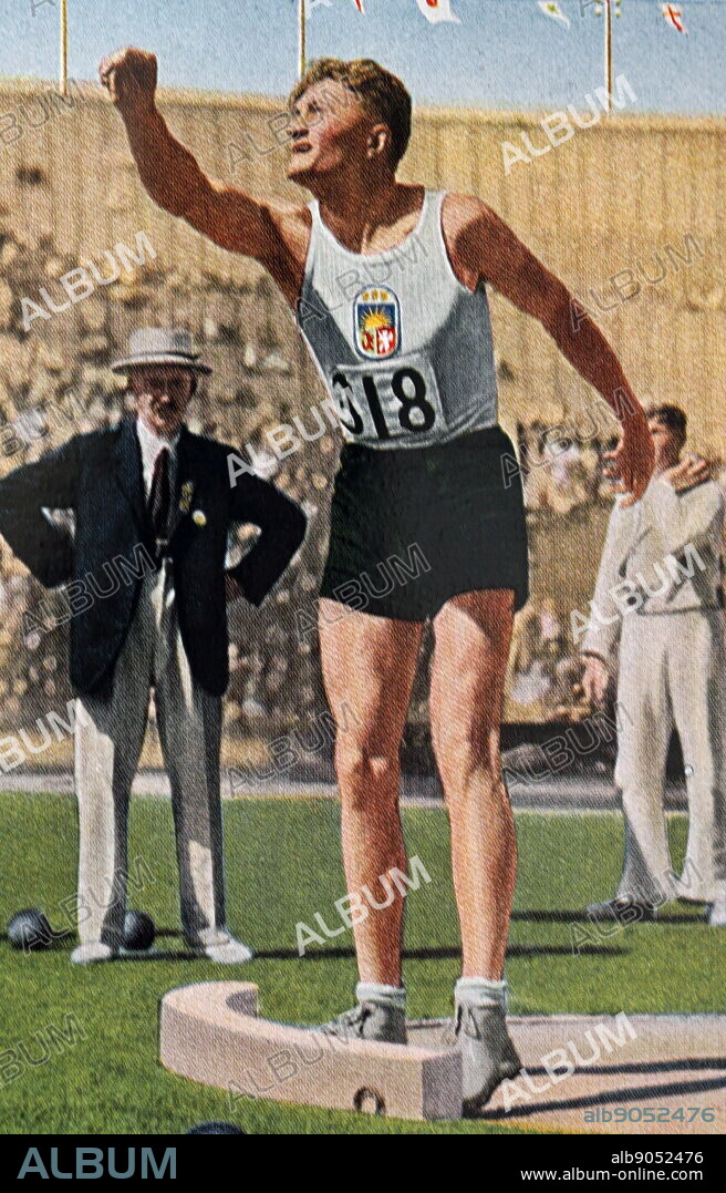 Photograph of Janis Dimza (1906 - 1942) shot putting in the Decathlon during the 1932 Olympic games. Janis was second but landed badly during the pole vault and was unable to continue.