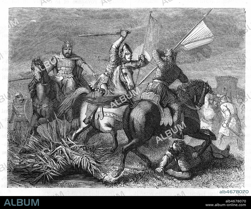 Les Robertiens : 15 juin 923: Bataille de Soissons Robert 1er contre Charles III le Simple, le roi Robert est tue par le porte-entendard de Charles le Simple. Gravure in Histoire de France en 77 gravures par M. Collart, 1825. 19eme siecle. Credit KHARBINE TAPABOR.