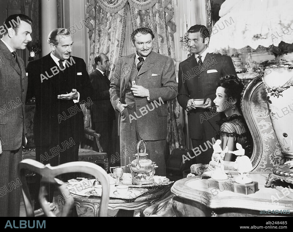 ALBERT DEKKER, CARL ESMOND, GEORGE BRENT, HEDY LAMARR and PAUL LUKAS in EXPERIMENT PERILOUS, 1944, directed by JACQUES TOURNEUR. Copyright RKO.