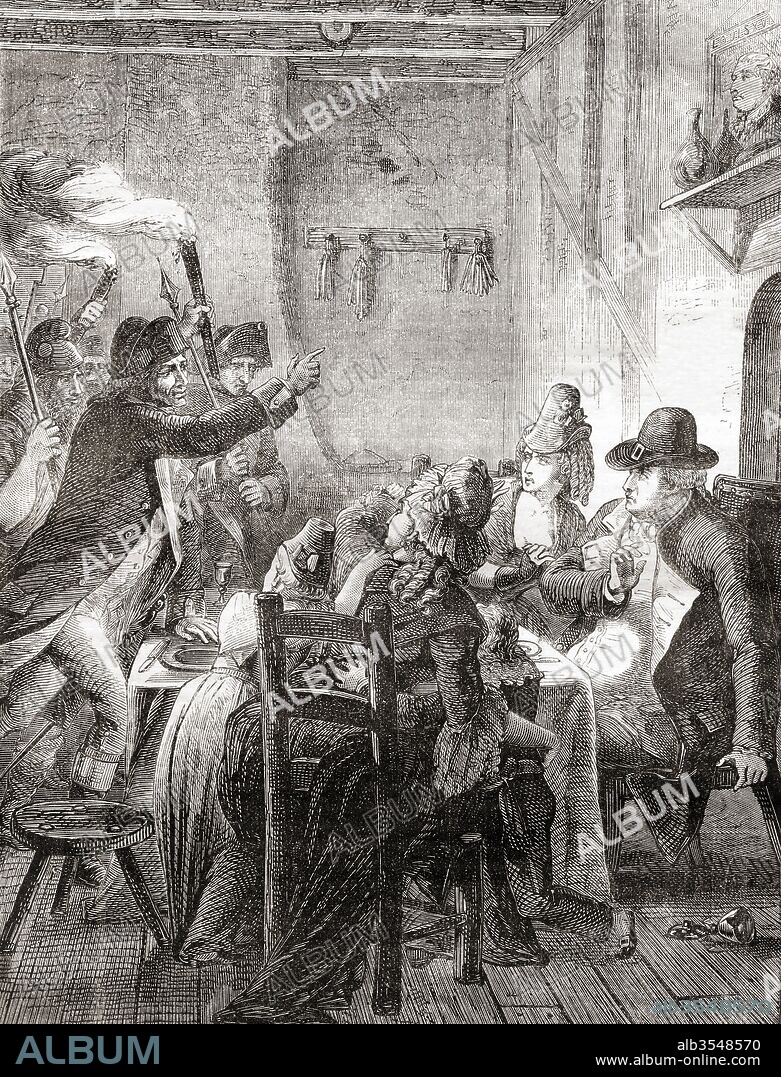 The arrest of Louis XVI of France, Marie Antoinette and their family at Varennes, 1791 during the French Revolution. From Cassell's Illustrated History of England, published 1861.
