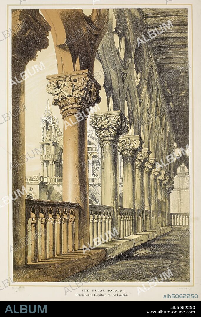 Examples of Architecture of Venice, The Ducal Palace, Renaissance Capitals of the Loggia, 1887 Lithographer: G. Rosenthal Artist: John Ruskin, Pre-Raphaelite, Printing, Lithography, Architecture, Palace, Italy, Venice.