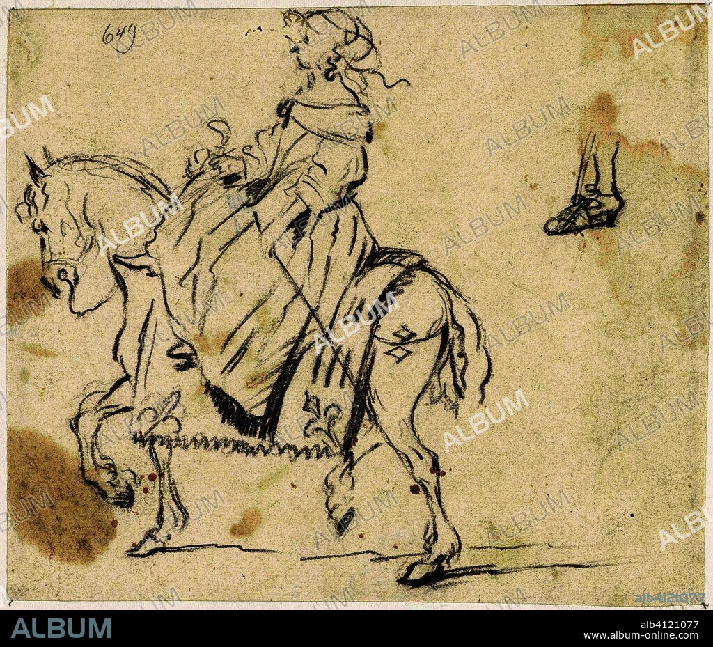 Woman on horseback, seen from the side, with a sketch of a lower leg and foot. Draughtsman: Gesina ter Borch. Intermediary draughtsman: Gerard ter Borch (II). Dating: c. 1656 - before 1660. Place: Zwolle. Measurements: h 138 mm × w 162 mm.