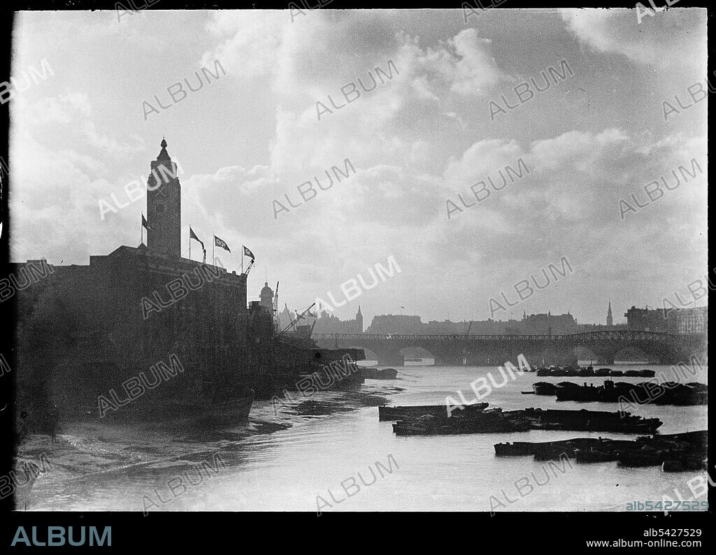 CHARLES WILLIAM PRICKETT. Oxo Tower Wharf, Bargehouse Street, Southwark, Greater London Authority, 1930s. A view of Oxo Tower Wharf from the north-east with Waterloo Bridge in the distance.