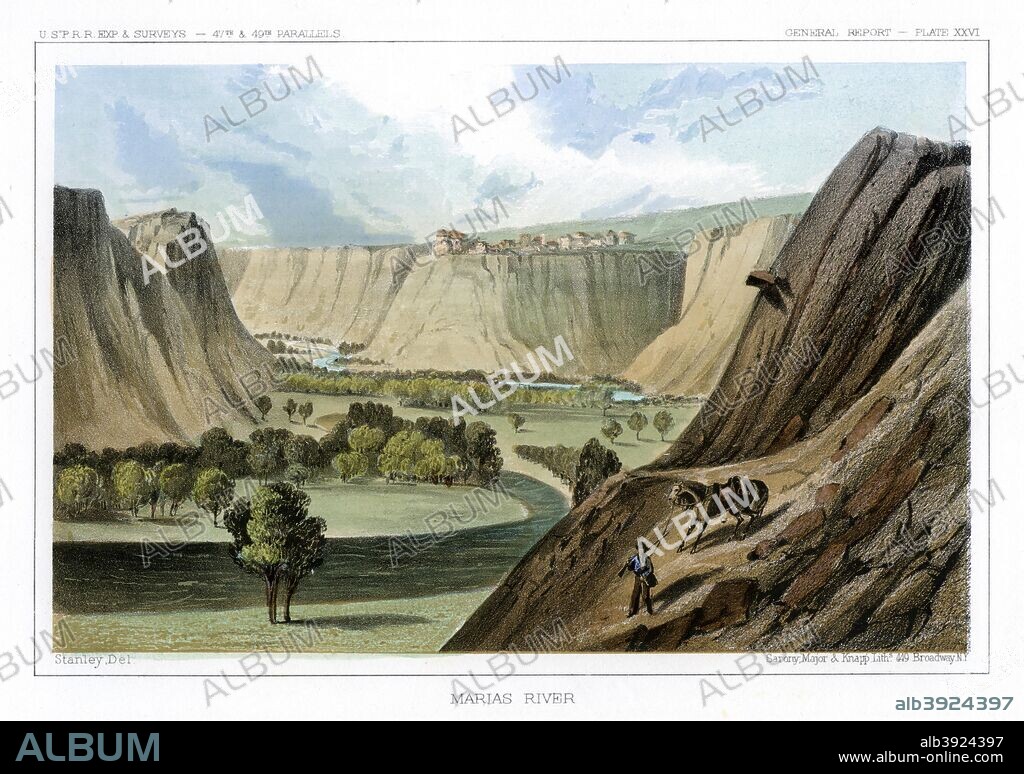 The Marias River, Montana, USA, 1856. Looking up the Marias River to Fort Benton on a bluff above the river in central Montana. Print from Reports of Explorations and Surveys to Ascertain the Most Practicable and Economical Route for a Railroad from the Mississippi River to the Pacific Ocean made under the direction of the Secretary of War in 1853-1855, by Beverley Tucker, volume III, published by Sarony, Major and Knapp (Washington, 1856).