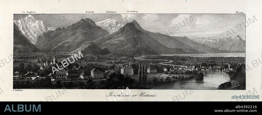 Interlaken et Untersee, Interlaken ud Unterseen mit Jungfrau und Niesen, signed: J. Du Bois, S. 115, Dubois, Jean, [Jean Dubois]: Souvenir de la Suisse: 100 vues les plus remarquables. Genève: chez Briquet et Dubois, [1850].