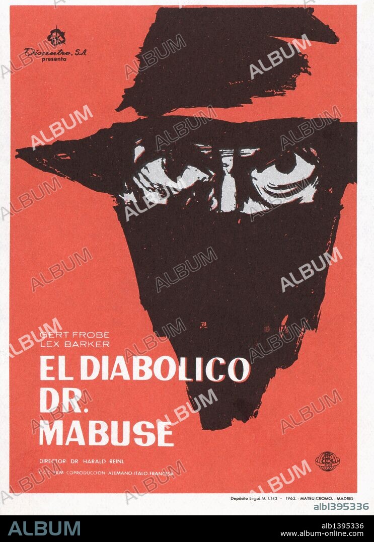 Cartel de la película El Diabólico Dr. Mabuse, con Gert Frobe y Lex Barker, dirigida por Harald Reiml. Alemania, ano 1961.