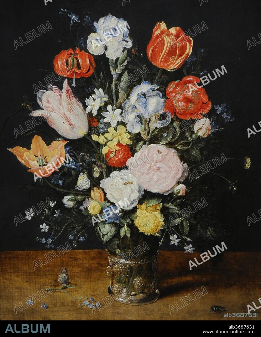 Jan Brueghel el Viejo (1568-1625). Pintor flamenco. Ramo de flores en un vaso de vidrio, después de 1608. Museo Wallraf-Richartz. Colonia. Alemania.