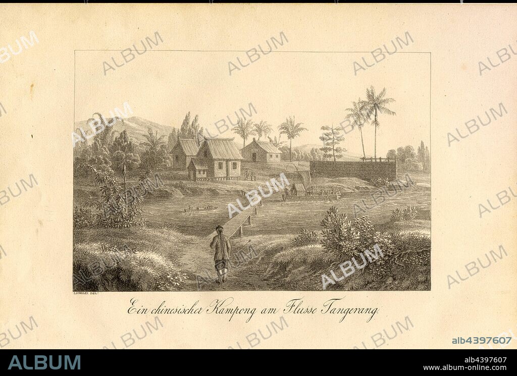 A Chinese Kampong on the river Tangerang, Chinese soldier on the Tangerang River, Fig. 11, after p. 93, Johann Jakob Xaver Pfyffer zu Neueck: Skizzen von der Insel Java und den verschiedenen Bewohnern derselben. 2. Aufl. Schaffhausen: beim Verleger Franz Hurter und in der Hurter'schen Buchhandlung, 1832.
