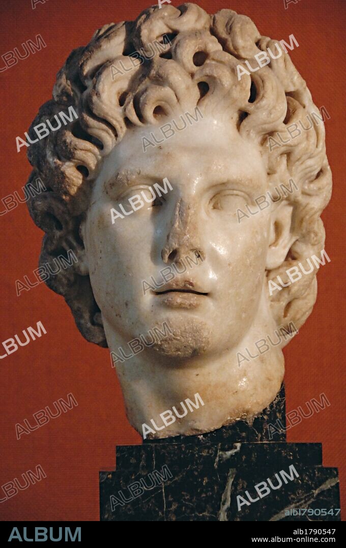 Alexander III the Great (356-323 B.C.). King of Macedonia (336 to 323 B.C.). Son of Philip II and Princess epirota Olympia. Bust. Idealized portrait of Alexander as Helios. Parian marble sculpted and trephine. It comes from Italica. Archeological Museum of Seville. Andalusia. Spain.