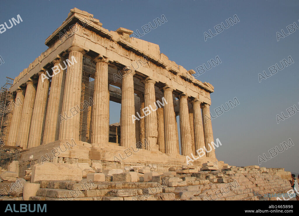Greek Art. Parthenon. Was built between 447-438 BC. in Doric style under leadership of Pericles. The building was designed by the architects Ictinos and Callicrates. Acropolis. Athens. Attica. Central Greek. Europe.