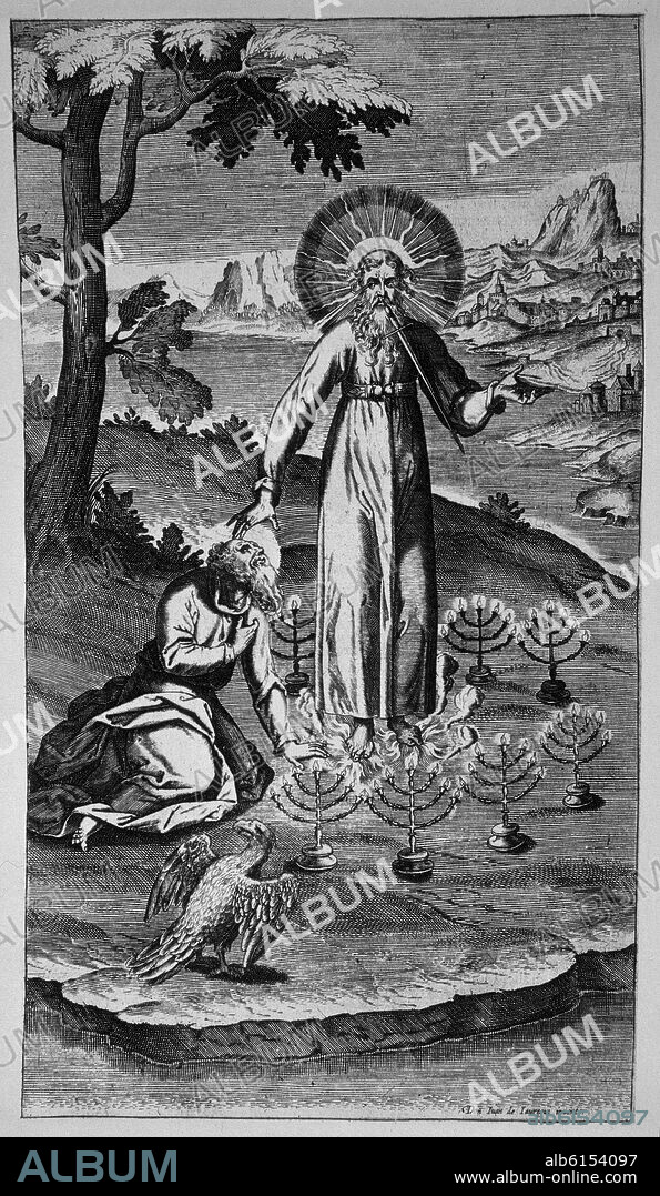 LUIS DEL ALCAZAR (1554-1613). VESTIGATIO ARCANI SENSUS IN APOCALYPSI - GRABADO DE LA VISION DE SAN JUAN DE PATMOS.