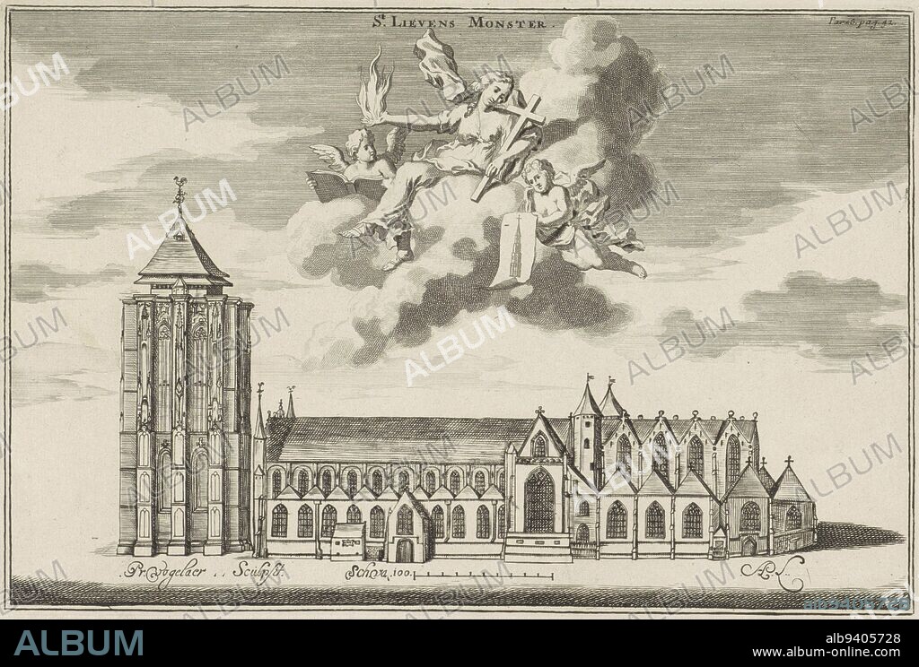 View of the Sint-Lievensmonstertoren and church in Zierikzee. In the sky, between the clouds, an allegorical female figure with a flame on her hand and a crucifix, flanked by two angels, with a drawing of a tower and a book. Marked on the top right: Pars 6.p. 22., View of the Sint-Lievens monster tower and church in Zierikzee St. Lievens monster, print maker: Pieter Vogelaer, (mentioned on object), print maker: anonymous, (possibly), Zierikzee, 1696 - 1728, paper, etching, engraving, h 200 mm × w 299 mm.
