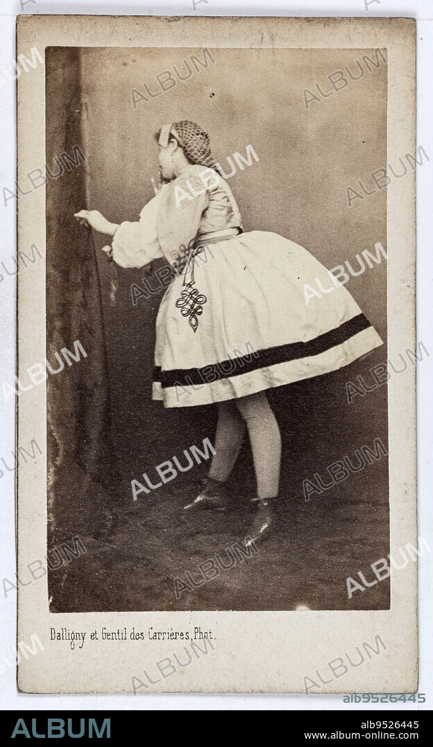 Portrait of Marguerite Badel, known as Rigolboche, eccentric dancer at the Théâtre des Délassements Comiques between 1855 and 1860., Dallligny and Gentil des Carrières, Photographer, Between 1860 and 1890, 2nd half of the 19th century, Photography, Graphic arts, Photography, Albumen paper print, Dimensions - Work: Height: 8.7 cm, Width: 5.3 cm, Dimensions: Height: 10.5 cm, Width: 6.2 cm.