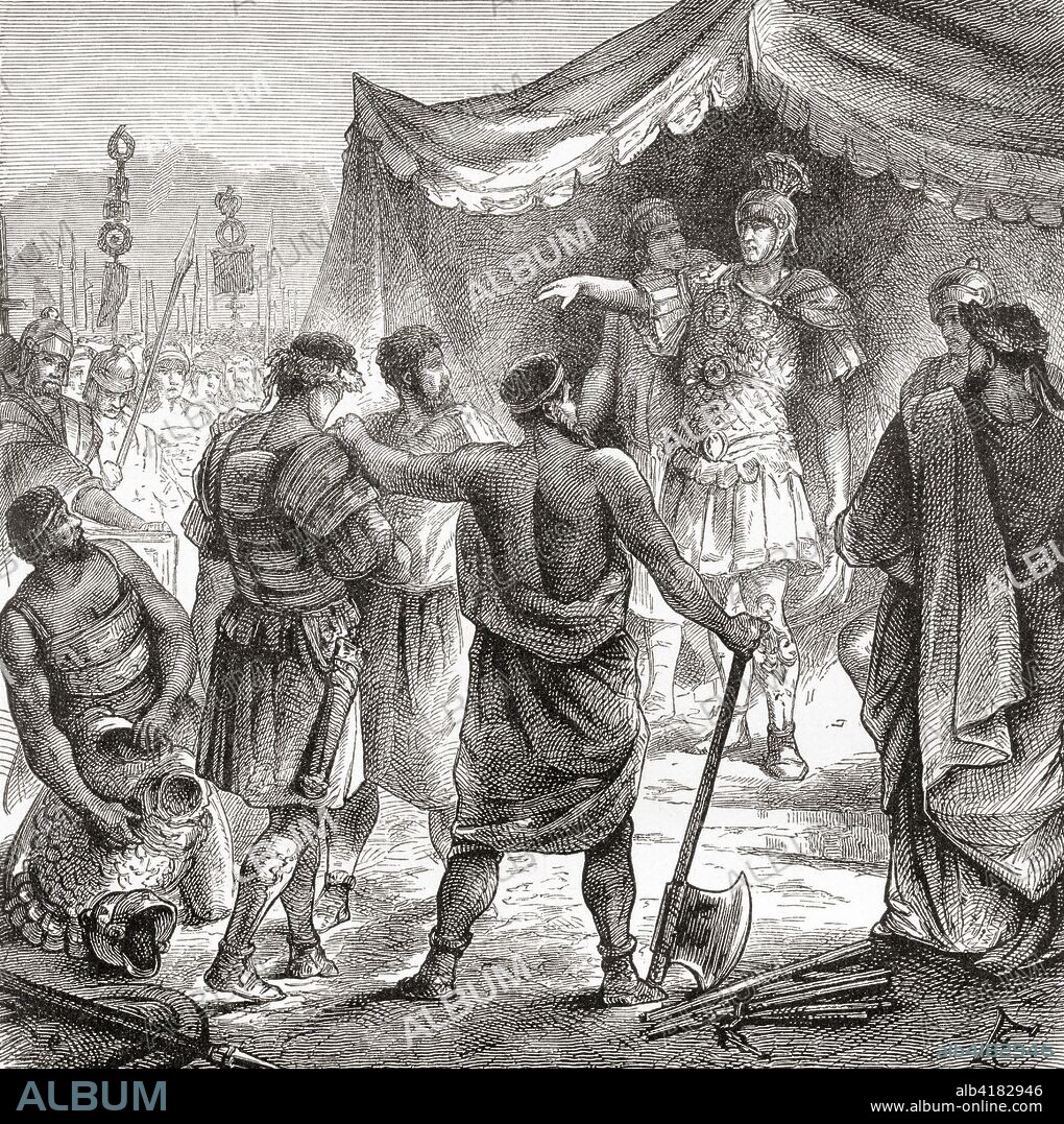 Roman consul Titus Manlius Torquatus condemning his son to death for leaving his post in battle. Titus Manlius Torquatus, Roman consul 347 BC.   From Ward and Lock's Illustrated History of the World, published c.1882.