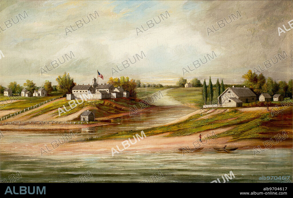 Painting of the Kinzie Mansion and Fort Dearborn, made circa 1900 by an unidentified artist. Oil on canvas. View of the main branch of the Chicago River with Fort Dearborn on the left and the Kinzie Mansion on the right. In the foreground is Lake Michigan.