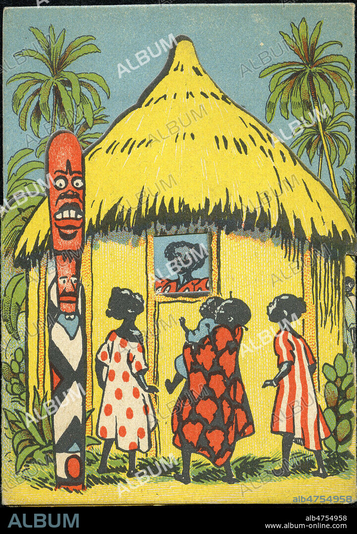 Enfants devant une case africaine. Carte publicitaire de 1929 pour la revue pour enfants ''La semaine de Suzette'. Illustration anonyme. Credit : Collection IM/KHARBINE-TAPABOR.