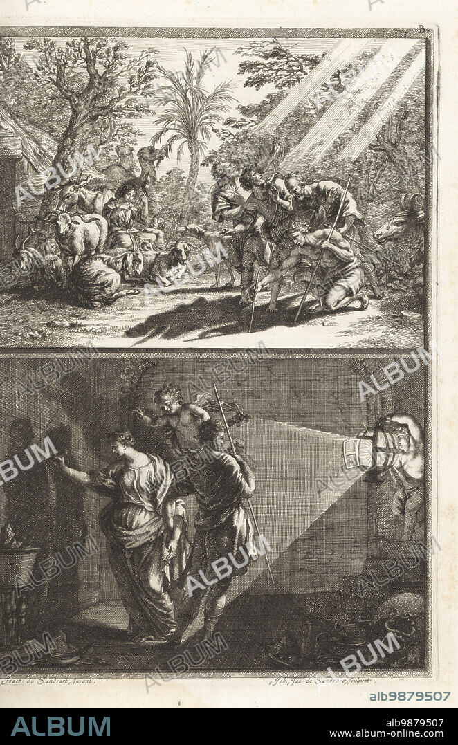 The invention of drawing. Gyges of Lydia tracing his own shadow on the ground in sunlight (above) and Kora of Sicyon, daughter of potter Butades, drawing the outline of her lover on a wall by candlelight (below). Copperplate engraving by Johann Jacob von Sandrart after an illustration by Joachim von Sandrart from his LAcademia Todesca, della Architectura, Scultura & Pittura, oder Teutsche Academie, der Edlen Bau- Bild- und Mahlerey-Kunste, German Academy of Architecture, Sculpture and Painting, Jacob von Sandrart, Nuremberg, 1675.