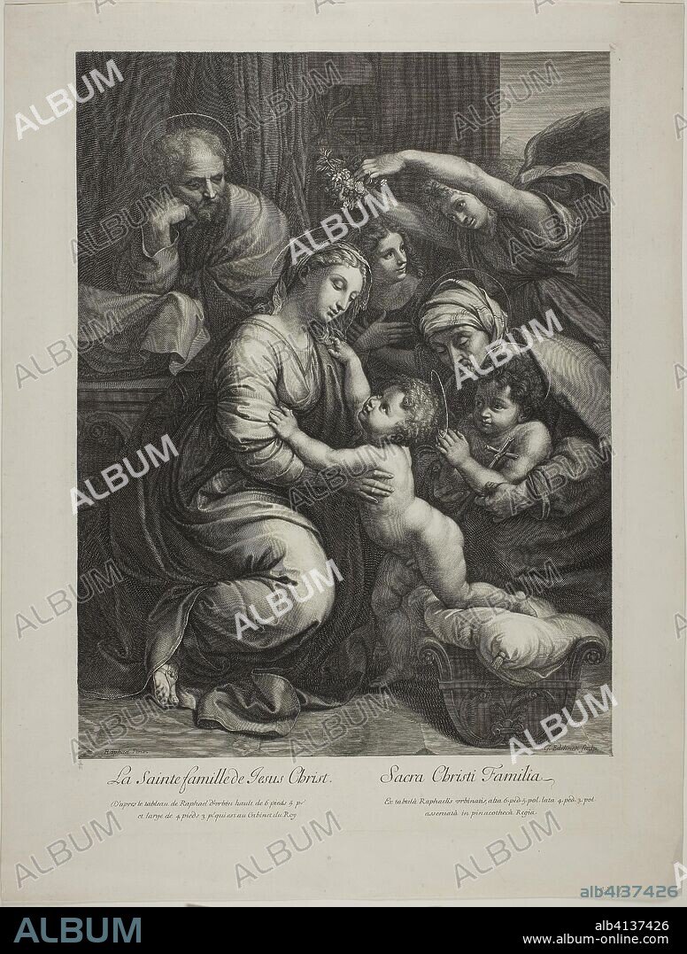 GERARD EDELINCK. Holy Family of Jesus Christ. Gérard Edelinck (French, born Flanders, 1640-1707); after Raffaello Sanzio, called Raphael (Italian, 1483-1520). Date: 1660-1707. Dimensions: 397 × 302 mm (image); 445 × 311 mm (plate); 504 × 383 mm (sheet). Engraving on cream laid paper. Origin: France.