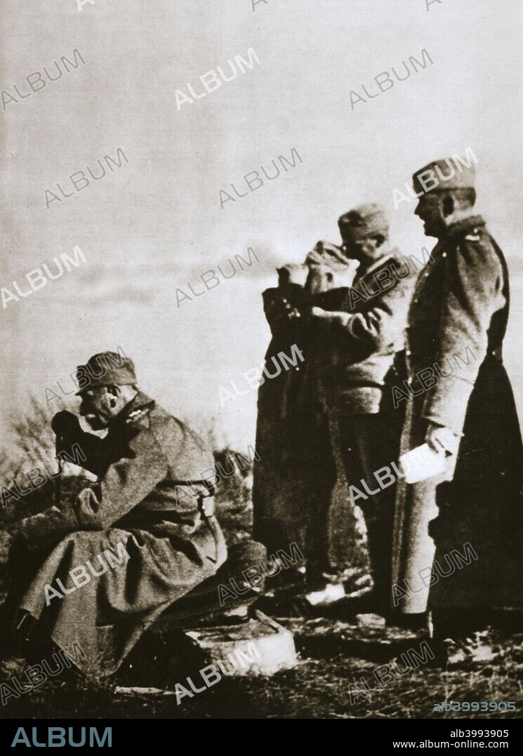 King Peter I of Serbia watching the retreat of his defeated army, 1914. Suffering from worsening ill health and with the outbreak of the First World War only a month away, Peter (1844-1921) handed over executive control of Serbia's government to his second son, Alexander, in June 1914. In late 1915 Peter was forced to flee into exile as Serbia was defeated by the combined forces of Germany, Austria and Bulgaria.