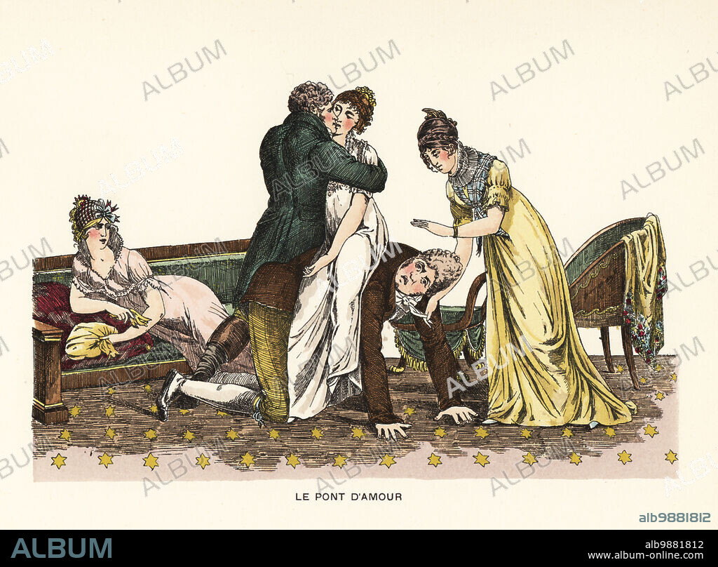 A man and woman embrace and kiss while seated on another gentleman's back. Scene from the kissing game, The bridge of love. Le Pont d'Amour. Copied from a print by Dutailly in Pierre la Mesangere's Le Bon Genre, 1814. Handcoloured lithograph from Henry Rene dAllemagnes Recreations et Passe-Temps, Games and Pastimes, Hachette, Paris, 1906.