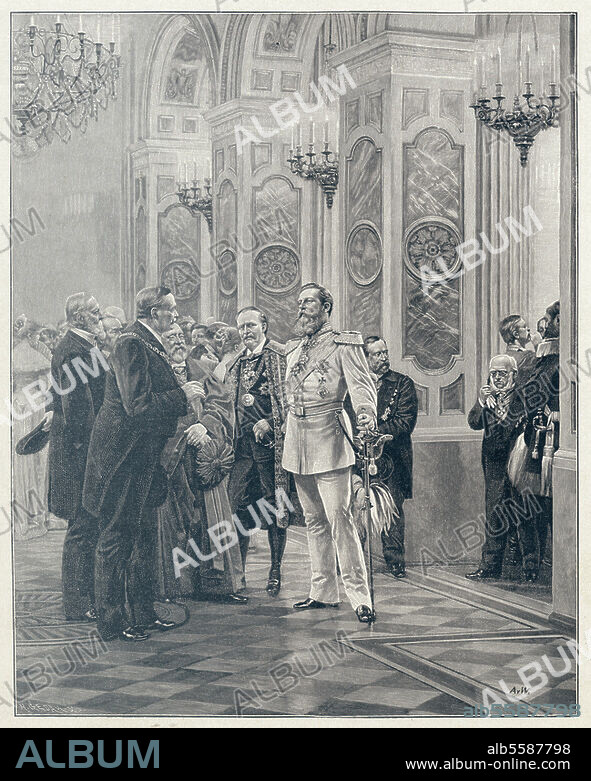 Friedrich III., deutscher Kaiser (1888). 1831-1888. "Der Kronprinz auf dem Hofball". (Berlin, Stadtschloß, Weißer Saal, 1878: unter den Dargestellten v. Helmholtz, Virchow, v. Forckenbeck, v. Benda, L.Knaus und A.Menzel). Holzstich nach Gemälde, 1895, von Anton von Werner (1843-1915).