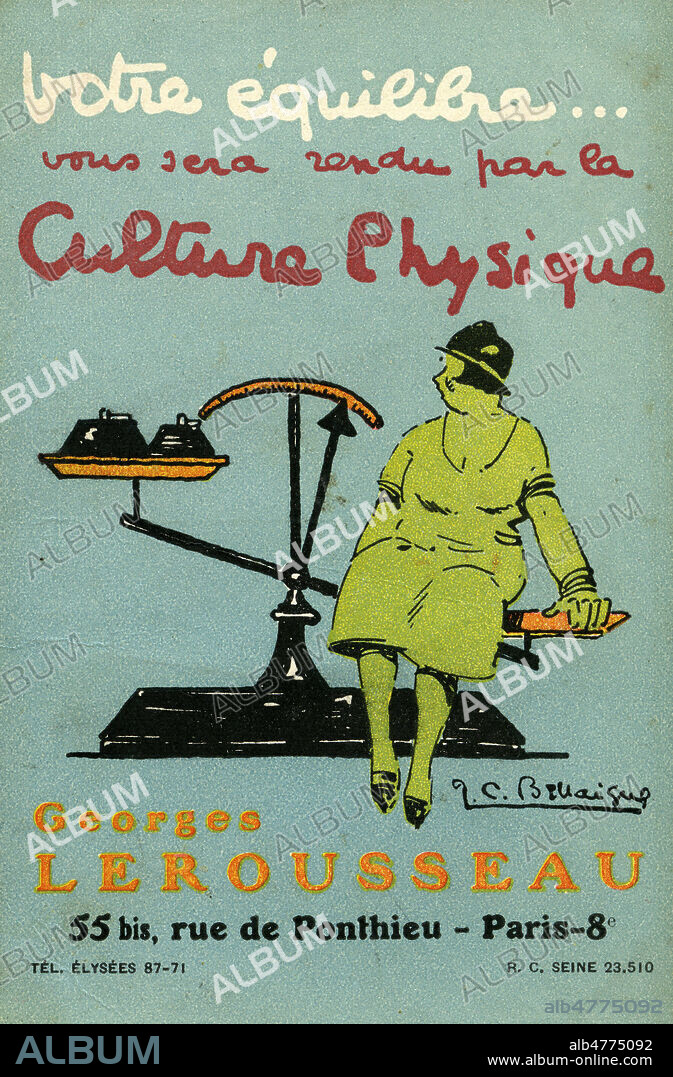 'Votre equilibre vous sera rendu par la culture physique' : femme enrobee assise sur une balance. Carte postale publicitaire vers 1920. Illustration Jean Camille BELLAIGUE (1893-1931). Credit : Collection IM/KHARBINE-TAPABOR.