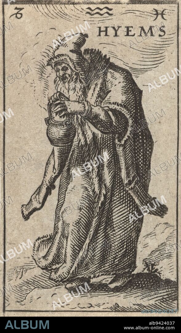 Winter, Hyems (title on object), The four seasons (series title), The personification of winter, an old bent man dressed in long coat trimmed with fur, high hat with ear flaps on his head, a firepot in his hands. Above, the three constellations Capricorn, Aquarius and Pisces., print maker: anonymous, after print by: Jacob Matham, after design by: Hendrick Goltzius, print maker: Netherlands, publisher: Amsterdam, 1606, paper, etching, engraving, height 70 mm × width 40 mm.