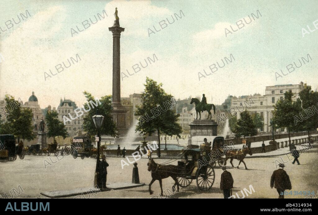Nelson's Column and Trafalgar Square, London, 1906. The column was designed by William Railton to commemorate Admiral Horatio Nelson's victory at the Battle of Trafalgar in 1805. The statue of Nelson (1758-1805) was erected on the column in 1843. To the right is an equestrian statue of George IV. Postcard.