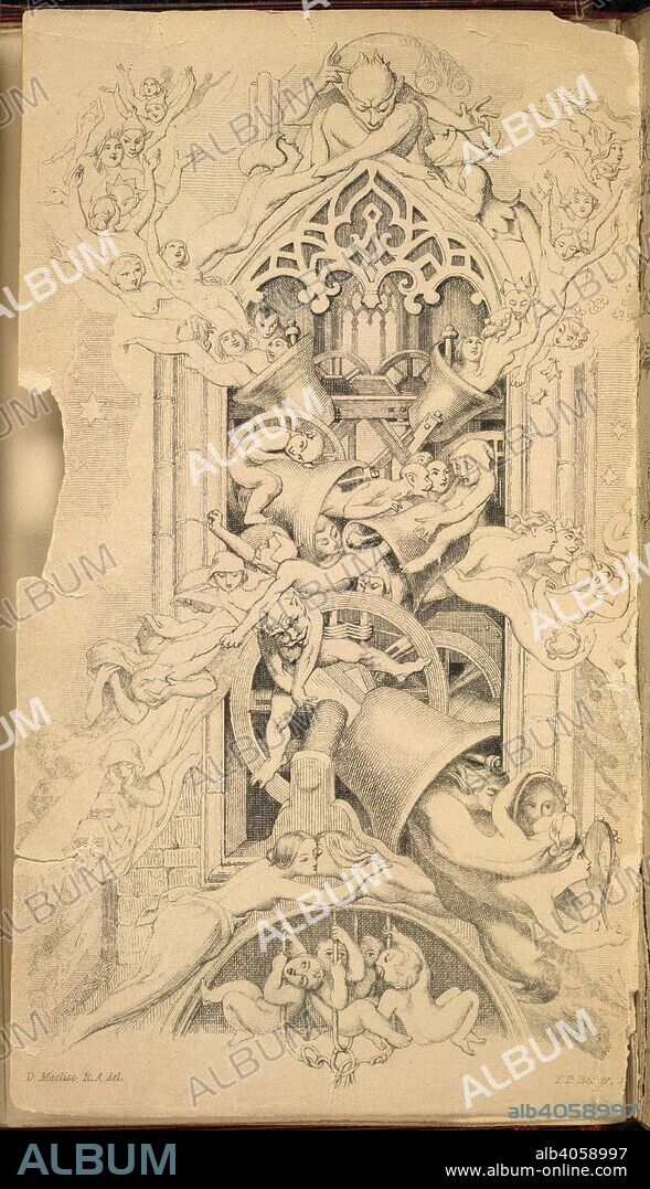CHARLES DICKENS. Goblins and fairies amongst bells. The Chimes: a goblin story of some bells that rang an old year out and a new year in. [With illustrations by D. Maclise, J. Leech, R. Doyle and C. Stanfield.].. Chapman & Hall: London, 1845 [1844]. Source: C.59.fff.19.