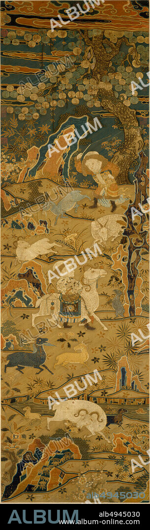 Unidentified Artist, Welcoming Spring, China, Ming dynasty (13681644), Unidentified Artist Chinese, 14th15th century, 15th century, China, Silk embroidery on silk gauze, 84 x 25 in. (213.4 x 63.5 cm), Textiles-Embroidered.