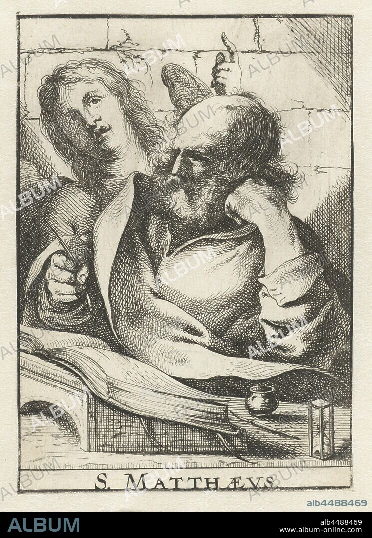 Holy Matthew S. Matthaevs (title on object) Four Evangelists (series title), The evangelist Matthew with his attribute the angel, the apostle and evangelist Matthew (Matthew), possible attributes: angel, ax, book, halberd, pen and inkhorn, purse, scroll, square, sword, angel (possibly with book), symbol of St. Matthew, Laurent de La Hire (attributed to), Antwerp, 1625 - 1674, paper, engraving, h 126 mm × w 90 mm.